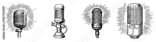 Vintage Microphones with Radiant Effects for Retro Music Design, Logo Design, Hand drawing Engraving, Vector Illustration Isolated Object