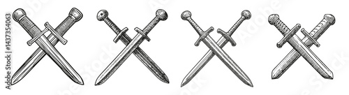 Vintage Illustrations of Crossed Swords in Detailed Style, Logo Design, Hand drawing Engraving, Vector Illustration Isolated Object