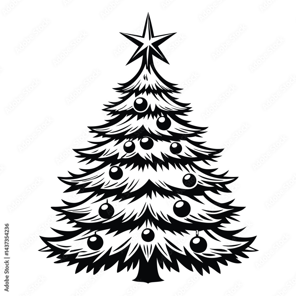 Obraz premium Black and White of Fir Tree Topped With Star and Hanging Baubles Design