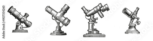 Vintage Telescopes Illustration Set with Detailed Design Elements, Logo Design, Hand drawing Engraving, Vector Illustration Isolated Object