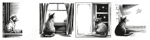 Cat Gazing Out the Window at Night in Artistic Black and White Illustration, Logo Design, Hand drawing Engraving, Vector Illustration Isolated Object