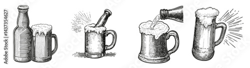 Vintage Illustrations of Beer Bottles and Mugs with Foam Effects, Logo Design, Hand drawing Engraving, Vector Illustration Isolated Object