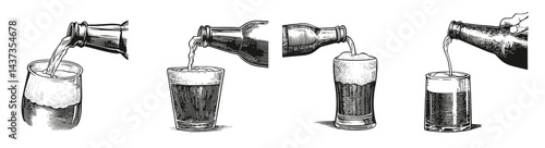 Vintage Style Illustration of Beer Being Poured into Glasses, Logo Design, Hand drawing Engraving, Vector Illustration Isolated Object