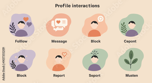Social media profile interactions concept featuring follow message block report options and user engagement symbols in a pastel color palette