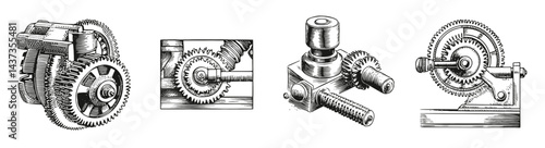 Detailed Engraving of Mechanical Gears and Components in Action, Logo Design, Hand drawing Engraving, Vector Illustration Isolated Object