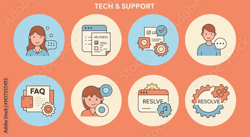 Tech support and customer service icons set depicting helpdesk assistance resolution and frequently asked questions for online problem solving