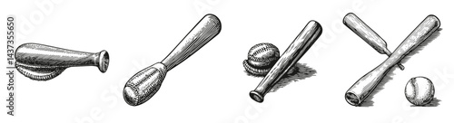 Vintage Baseball Equipment Illustration with Bats and Balls, Logo Design, Hand drawing Engraving, Vector Illustration Isolated Object