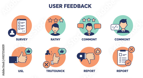 User feedback icons set featuring survey, rating, comment, like, dislike and report symbols, perfect for web design and customer satisfaction presentations