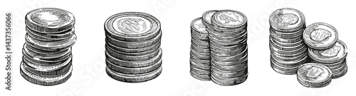 Detailed Illustration of Silver Stacks of Coins on White Background, Logo Design, Hand drawing Engraving, Vector Illustration Isolated Object