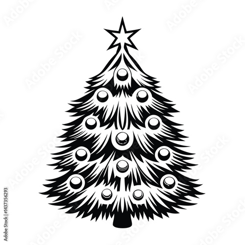 Stylized Christmas Tree, Black and White, Ornamented with Spheres, and Topped with a Star