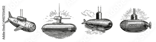 Vintage Illustrations of Various Submarine Designs and Types, Logo Design, Hand drawing Engraving, Vector Illustration Isolated Object