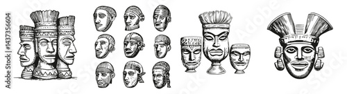 Vintage Tribal Art Illustrations Featuring Unique Mask Designs, Logo Design, Hand drawing Engraving, Vector Illustration Isolated Object