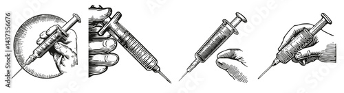 Vintage Medical Illustrations of Syringe in Various Perspectives, Logo Design, Hand drawing Engraving, Vector Illustration Isolated Object