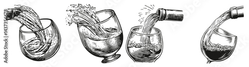 Vintage Illustrations of Water and Beverages in Glasses, Logo Design, Hand drawing Engraving, Vector Illustration Isolated Object
