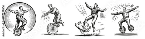 Vintage Illustrations of Male Performers on Unicycles and Hoverboards, Logo Design, Hand drawing Engraving, Vector Illustration Isolated Object