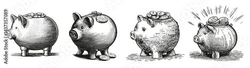 Vintage Illustration of Different Piggy Banks with Coins, Logo Design, Hand drawing Engraving, Vector Illustration Isolated Object