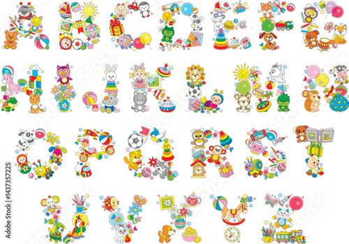 English alphabet with letters made from funny colorful toys and cute baby animals, for preschool education, a set of vector cartoon illustrations on a white background