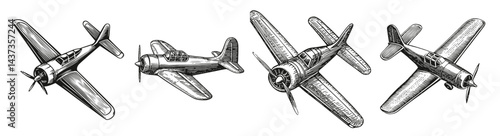 Vintage Aircraft Illustrations in Detailed Black and White Style, Logo Design, Hand drawing Engraving, Vector Illustration Isolated Object