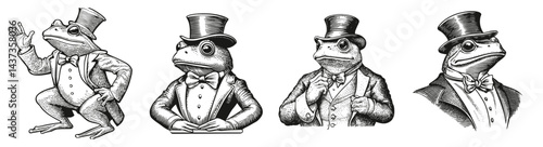 Illustration of Frogs in Classy Attire with Top Hats and Bowties, Logo Design, Hand drawing Engraving, Vector Illustration Isolated Object