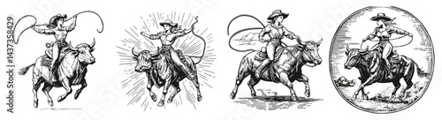 Vintage Cowboy Engravings of Bull Riders with Lasso in Western Style Art, Logo Design, Hand drawing Engraving, Vector Illustration Isolated Object