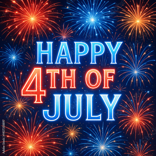 Festive Fourth of July Fireworks: A brilliant explosion of vibrant fireworks lights up the night sky in a dazzling display of celebration, with festive typography. 