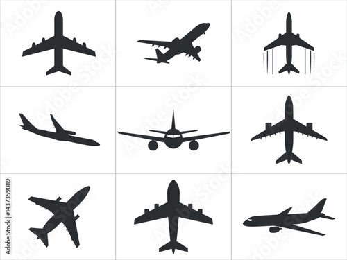 Collection of Airplane Silhouettes in various positions, including flight, takeoff and landing. Simple, black and white airplane vector graphics