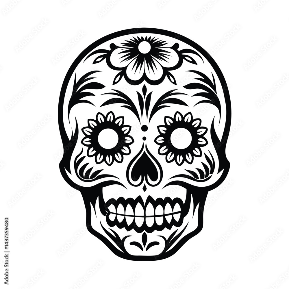 Fototapeta premium Decorative Calavera Skull, Traditional Mexican Sugar Skull Design, Black And White Art
