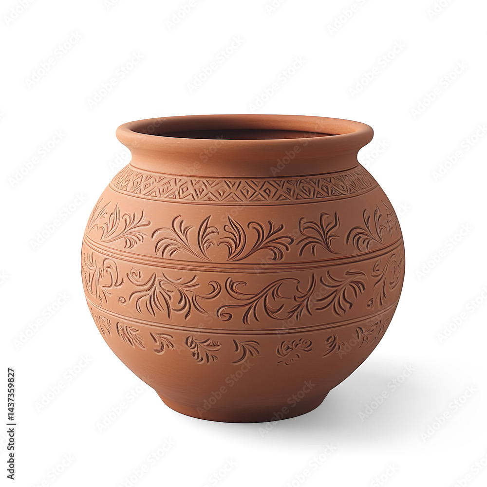 Traditional Clay Pot with Geometric and Floral Patterns on a Transparent Background Traditional Clay Pot with Geometric and Floral Patterns on a Transparent Background