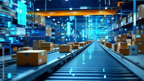Modern warehouse with automated conveyor system transporting cardboard boxes amidst digital displays