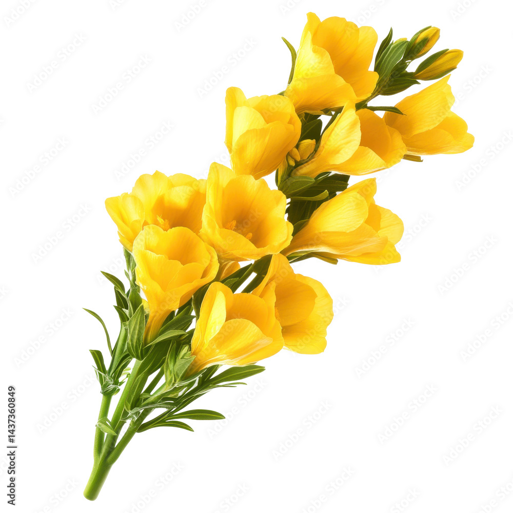 Vibrant yellow freesia blooms botanical garden floral photography. Isolated on transparent background, png. Vibrant yellow freesia blooms botanical garden floral photography. Isolated on transparent background, png.