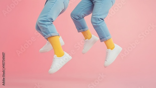Colorful Fashion Concept with Yellow Socks and White Sneakers on Pink Background
