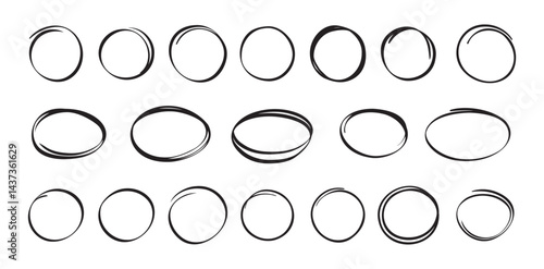 Highlight circle isolated hand drawn set . Doodle marker Collection of different black circles.
