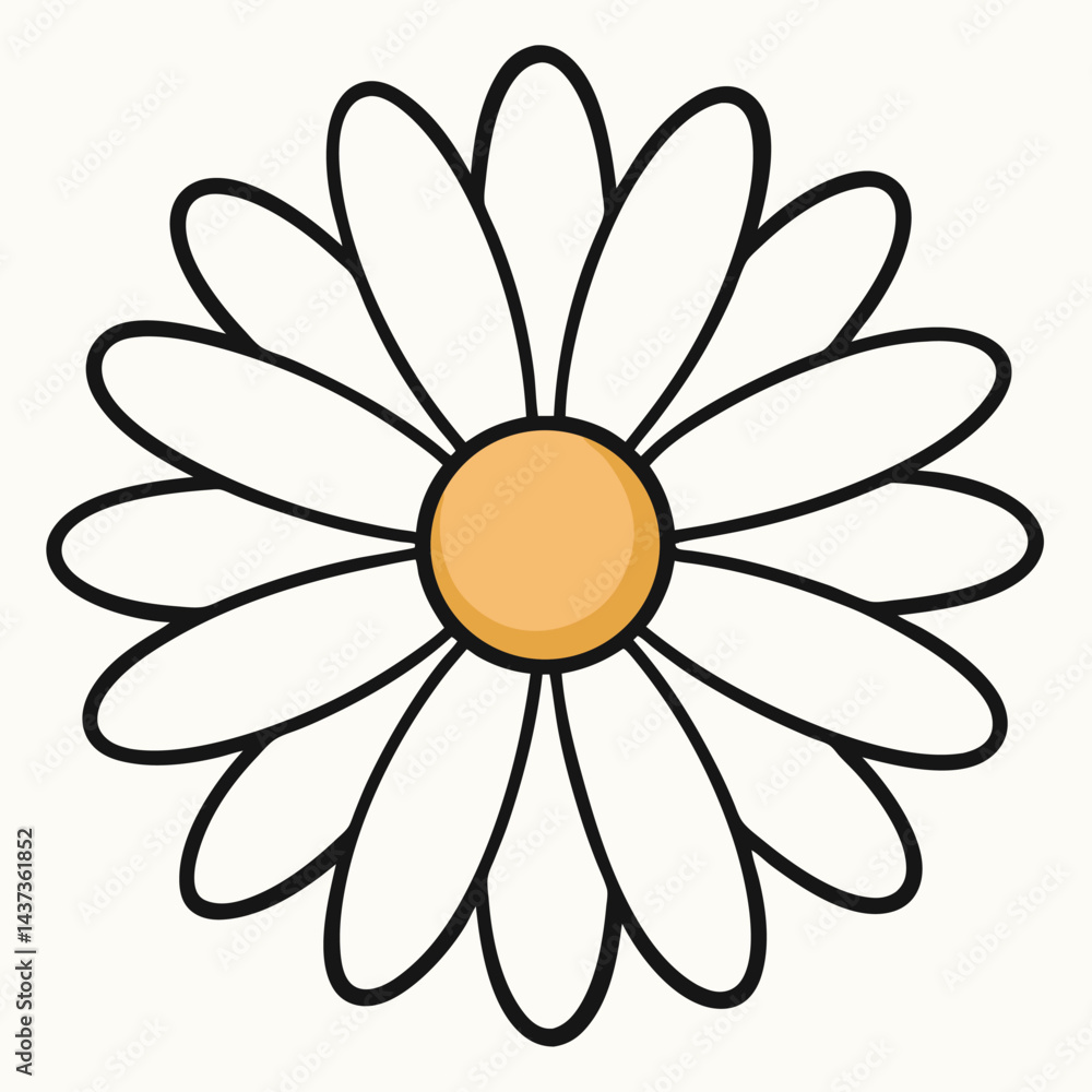 Stylized Daisy Illustration, White Petals with Black Outline and Yellow Center Stylized Daisy Illustration, White Petals with Black Outline and Yellow Center