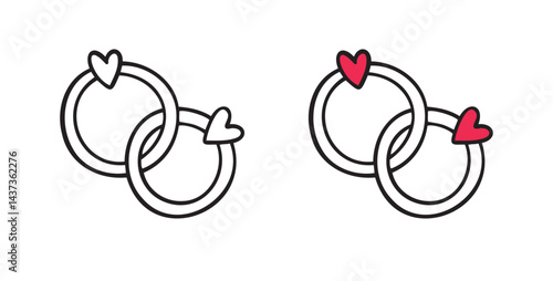 Bonded wedding rings doodle hand drawn icon. Marriage proposal. Diamond ring in heart shape. Concept of wedding, valentine, love. 