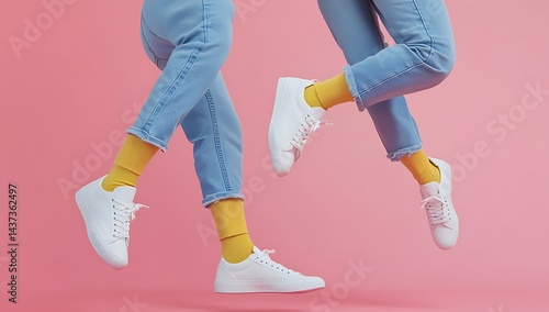 Colorful Fashion Concept with Yellow Socks and White Sneakers on Pink Background
