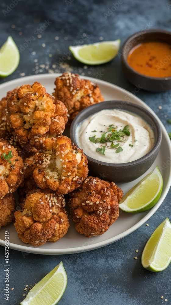 Crispy roasted cauliflower bites with dipping sauce, lime and sesame topping Crispy roasted cauliflower bites with dipping sauce, lime and sesame topping