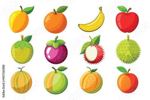 Tropical Fruit Vector Icons - Mango, Banana, Lychee, Durian & More 