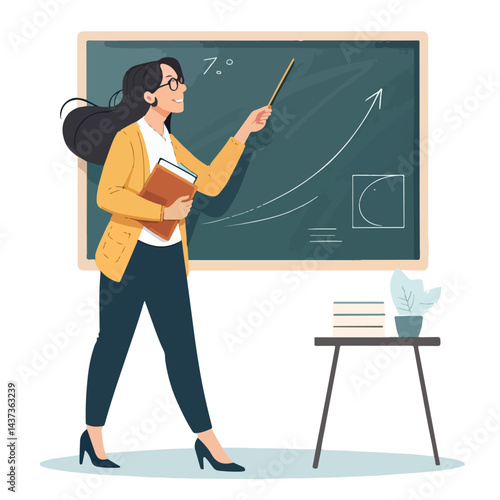 Teacher in front of blackboard, Female Teacher Explaining Lesson at Blackboard Illustration