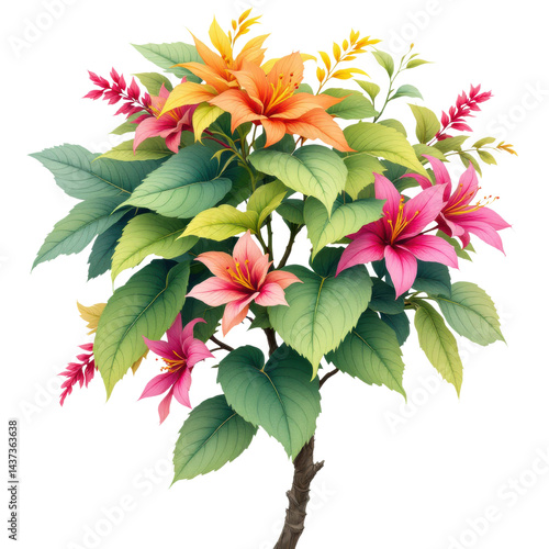 Tropical flower, green leaf, pink blossom, orange bloom, lush foliage, vibrant nature