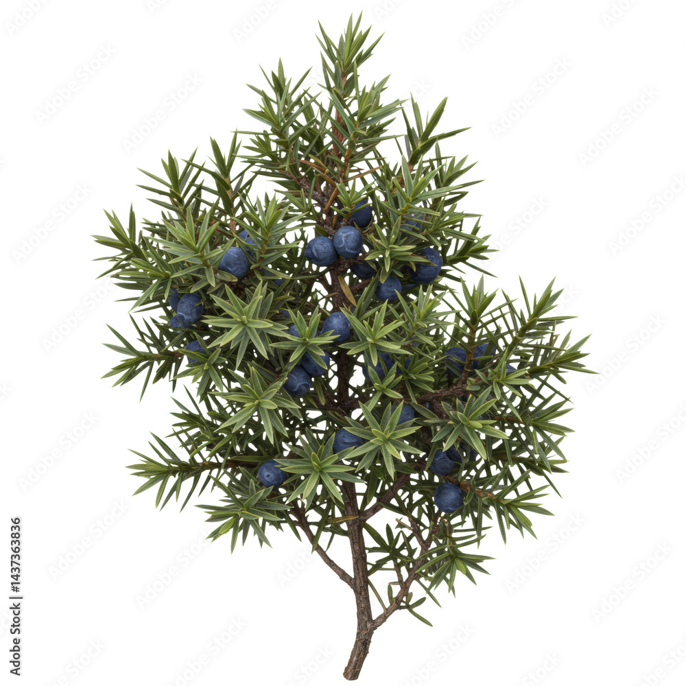 Juniper branch with green needle leaves and blue berries isolated on transparency background