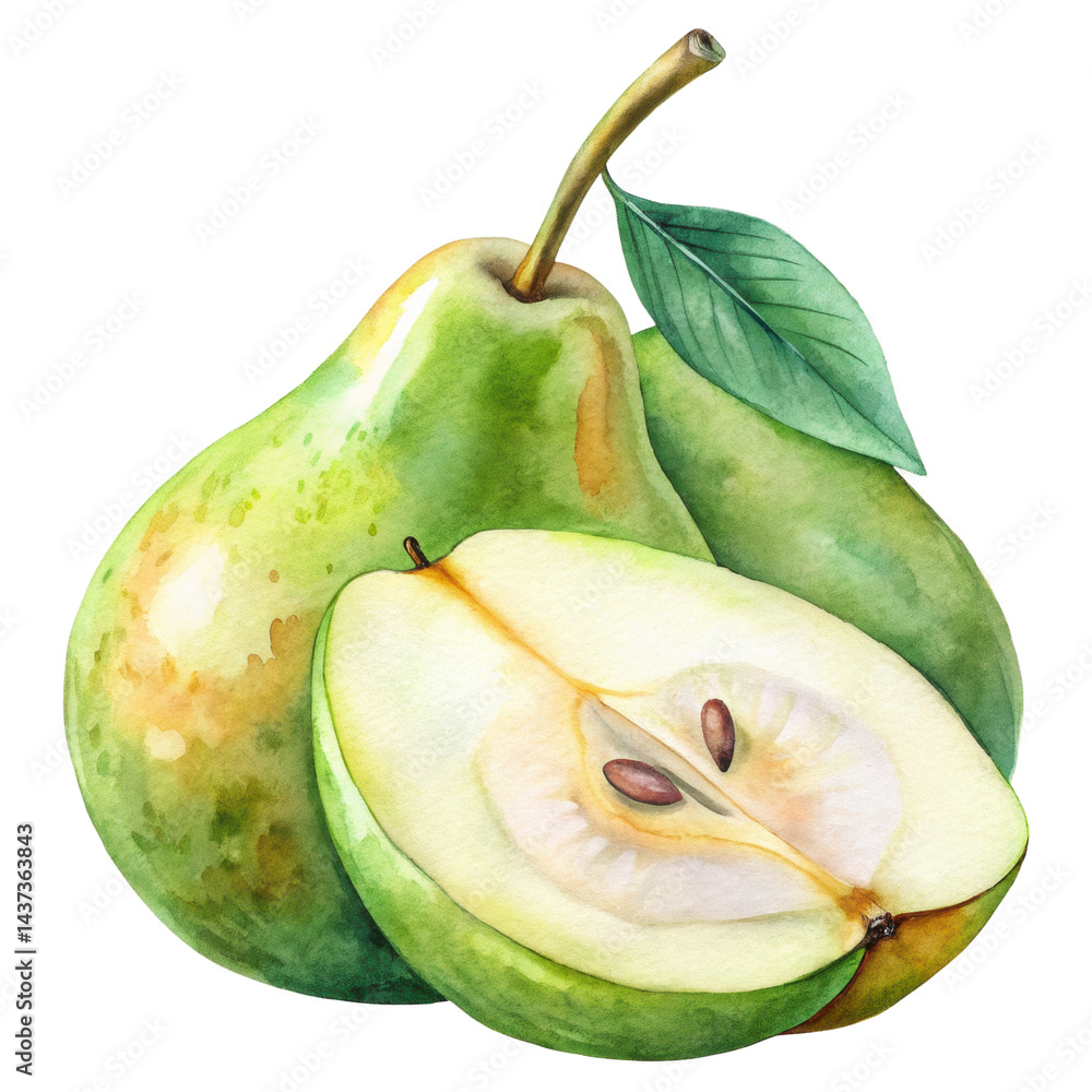 Watercolor pear, green fruit, leaf, and juicy slice with seeds, fresh and natural illustration