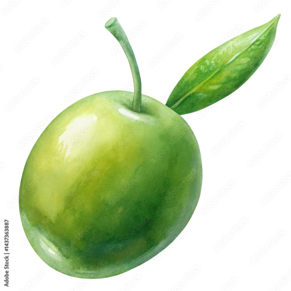 Green olive leaf stem watercolor isolated fresh natural healthy food