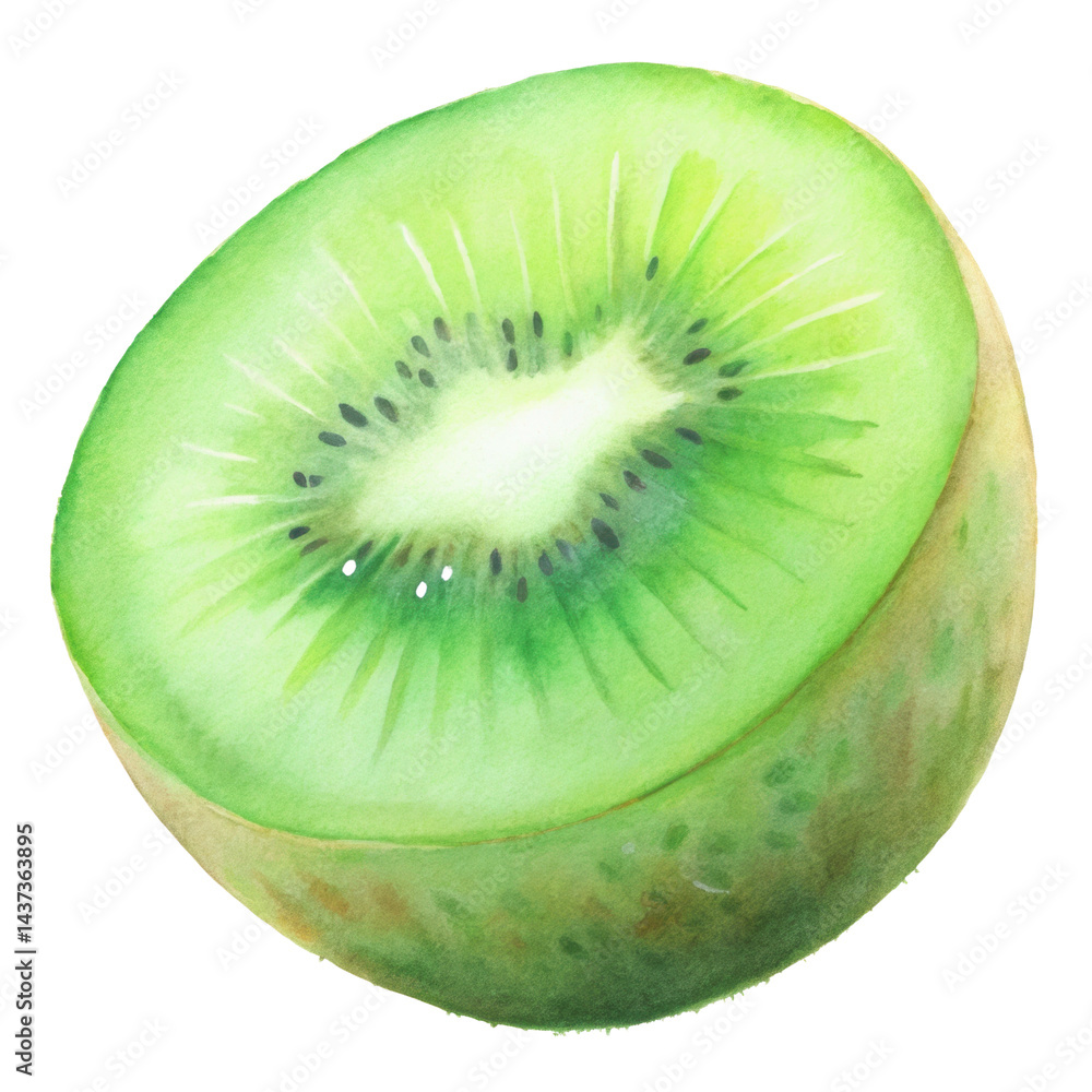 Green kiwi fruit, juicy, fresh, tropical, watercolor illustration, healthy snack