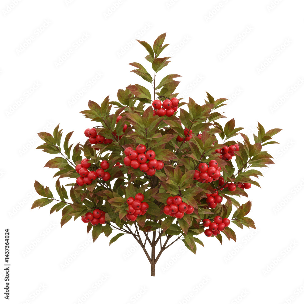 Red berry bush, green leaves, ripe fruit, natural shrub, isolated on transparency background