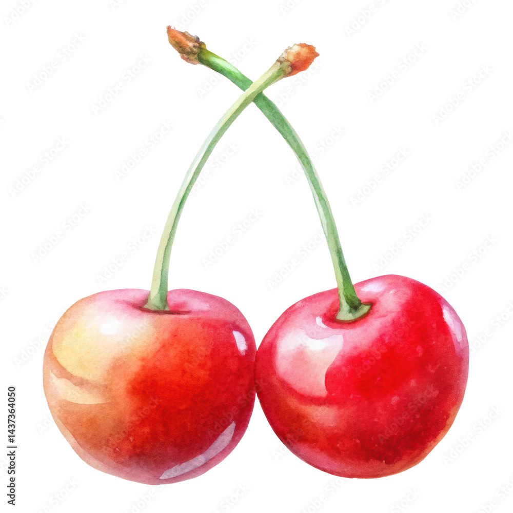 Two red cherry fruit with green stem, watercolor illustration, fresh and juicy appearance