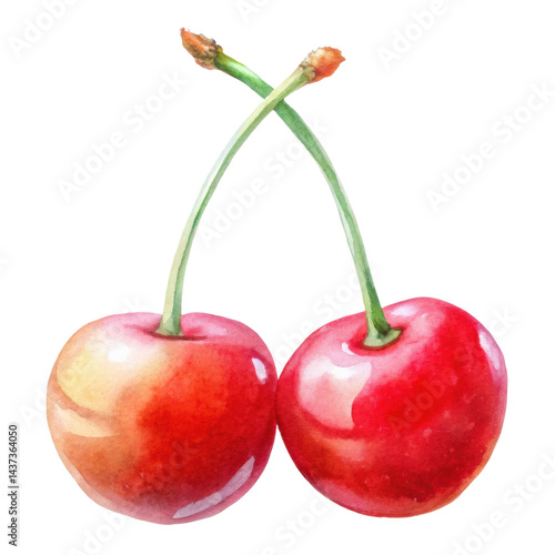 Obraz na płótnie Two red cherry fruit with green stem, watercolor illustration, fresh and juicy appearance w salonie