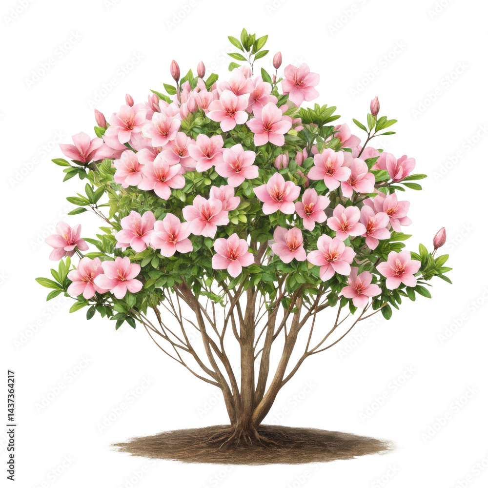 Azalea shrub with pink flowers, green leaves, brown branches, blooming in spring garden