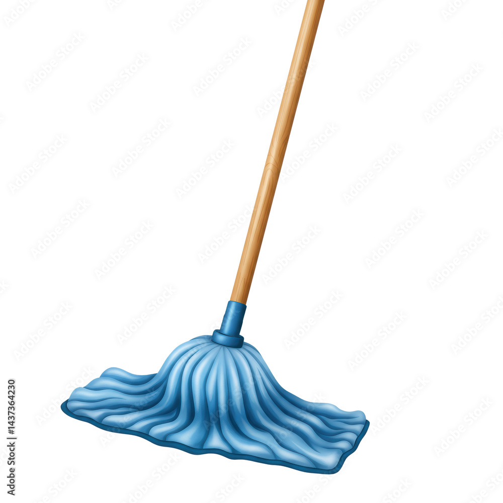 Blue mop, wooden handle, cleaning tool, household, isolated on transparency background