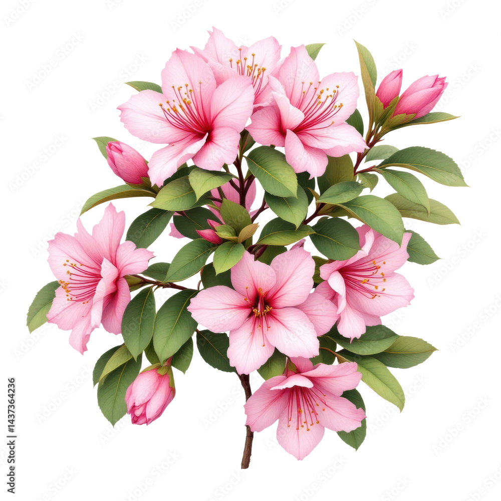 Pink cherry blossom flowers with green leaves, delicate spring floral branch isolated on white