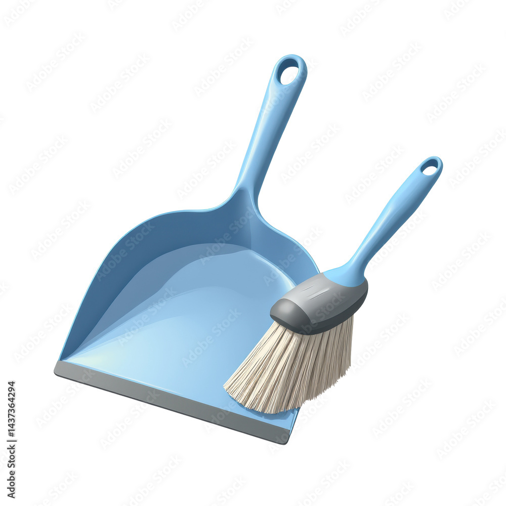 Blue dustpan, cleaning brush, plastic handle, household cleaning tool, isolated on white